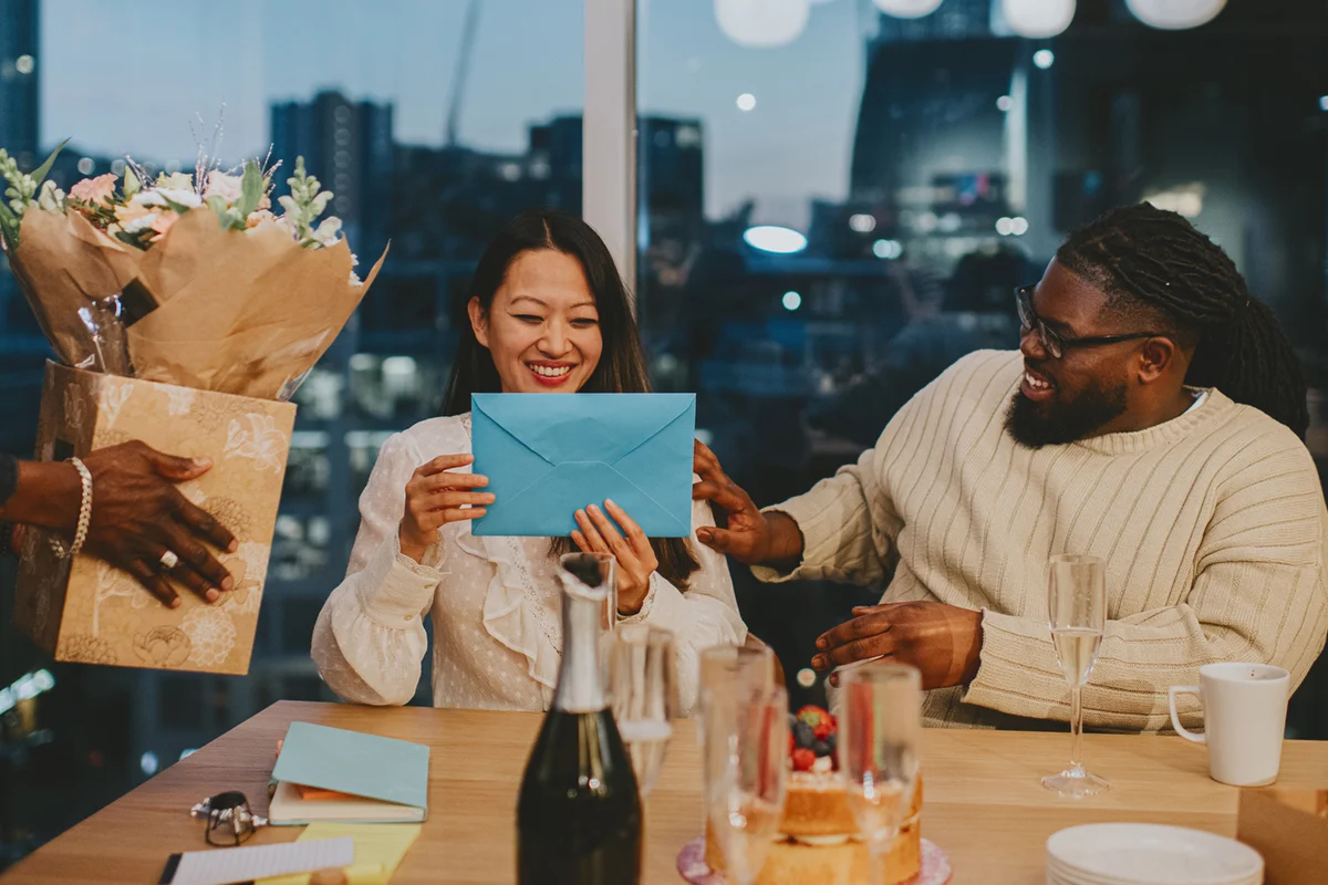 Woman receiving birthday card